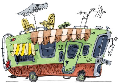 Farklı tesisleri ve uygun çatısı olan bir karavan çizimi. Karikatür el yapımı karikatür karikatürü. Çizgi film.