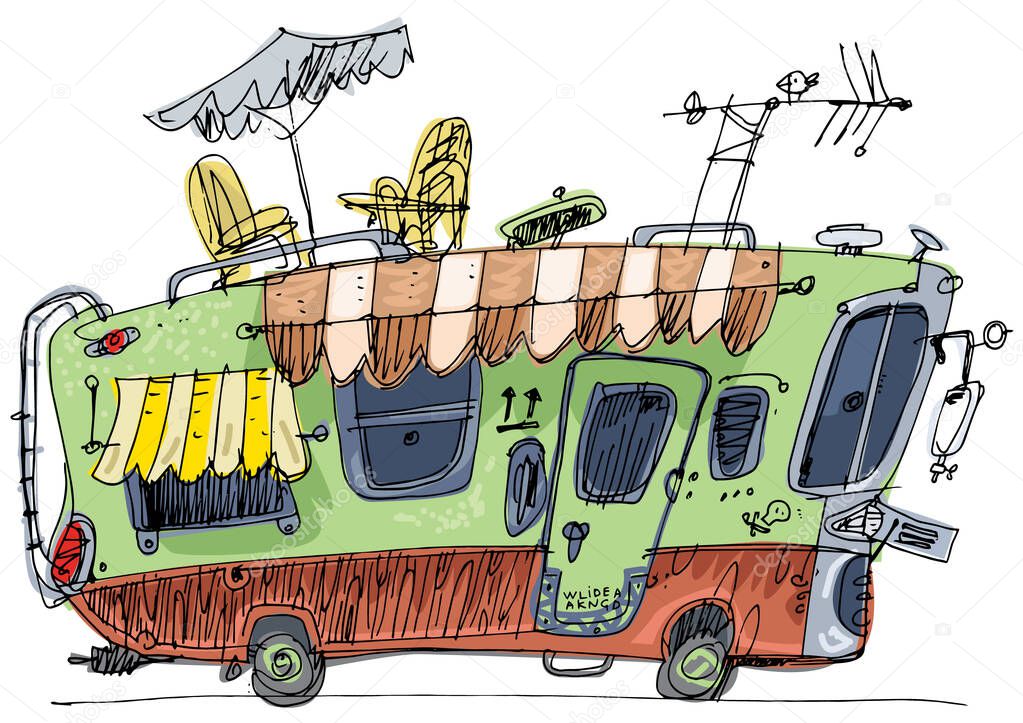 A drawing of camper van with different facilities and fit roof. Caricature handmade sketch of motorhome. Cartoon.