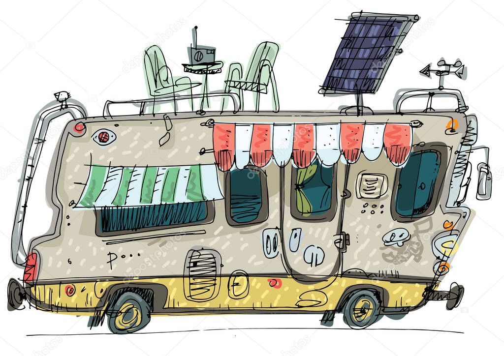 A drawing of camper van with different facilities and fit roof. Caricature handmade sketch of motorhome. Cartoon.