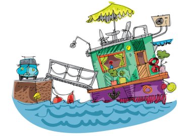 Güvertesinde ve üstünde mobilyalar olan şirin bir tekne evi. Çizgi film. Karikatür. El yapımı çizim..