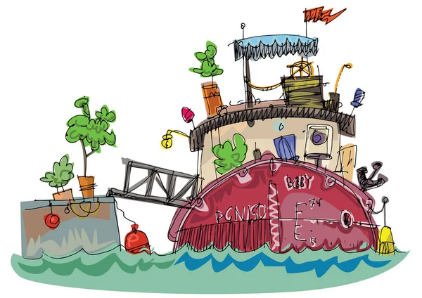 Aranyos Csónakház Bútorokkal Tetején Fedélzeten Rajzfilm Karikatúra Kézzel Készített Vázlat — Stock Vector