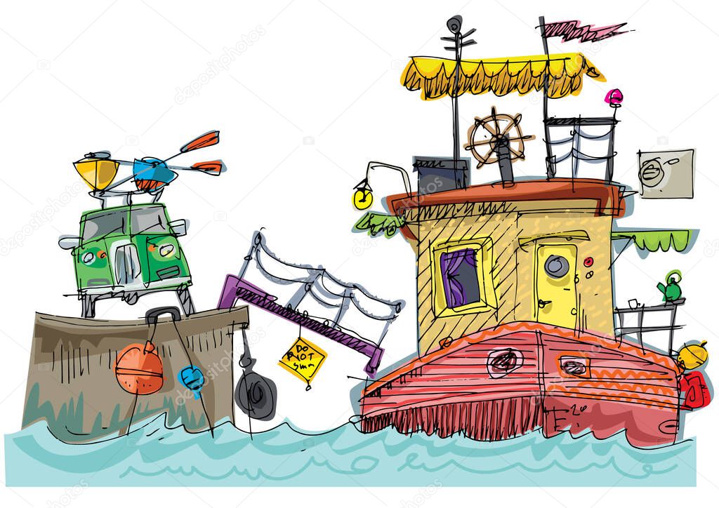 Cute boat house with furniture on top and on the deck. Cartoon. Caricature.Handmade sketch.