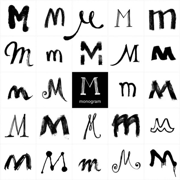 Monogram Set Handwritten Stylish Letters Pencil Brushwork Graphic Elements Logo — Stock Vector