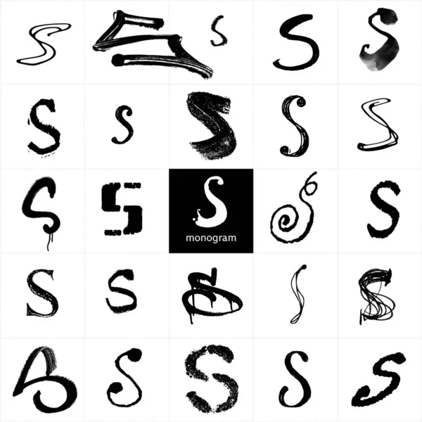 Monogram Set Handwritten Stylish Letters Pencil Brushwork Graphic Elements Logo — Stock Vector