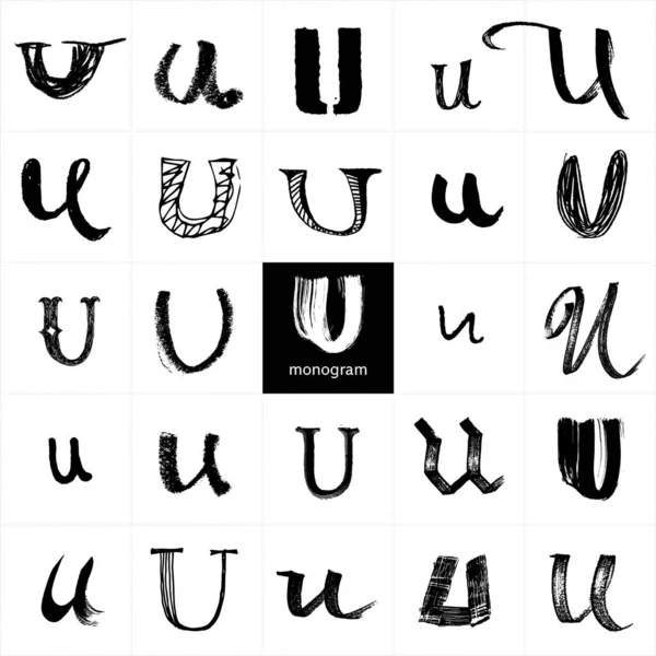 Monogram Set Handwritten Stylish Letters Pencil Brushwork Graphic Elements Logo — Stock Vector