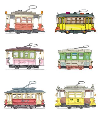 Vintage tramvaylar set - çizgi film