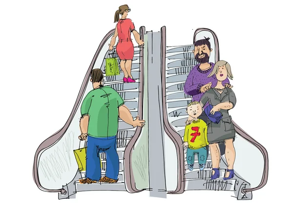 Lycklig familj på rulltrappan — Stock vektor