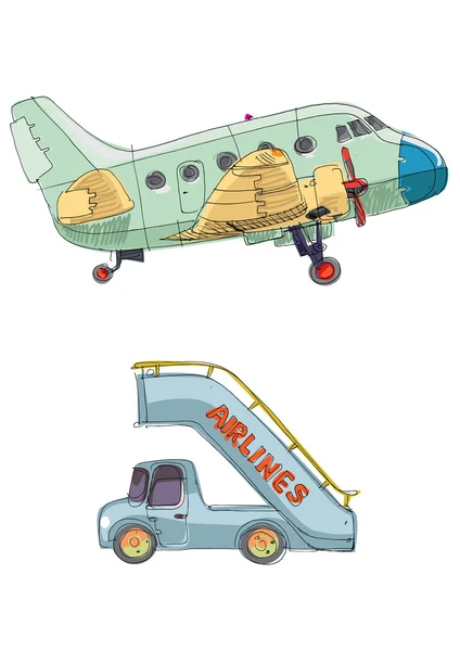 Avião de passageiros vintage e rampa —  Vetores de Stock