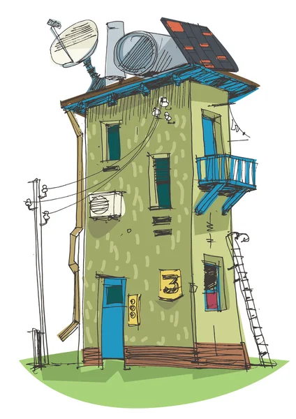 Vieille maison avec panneaux solaires — Image vectorielle