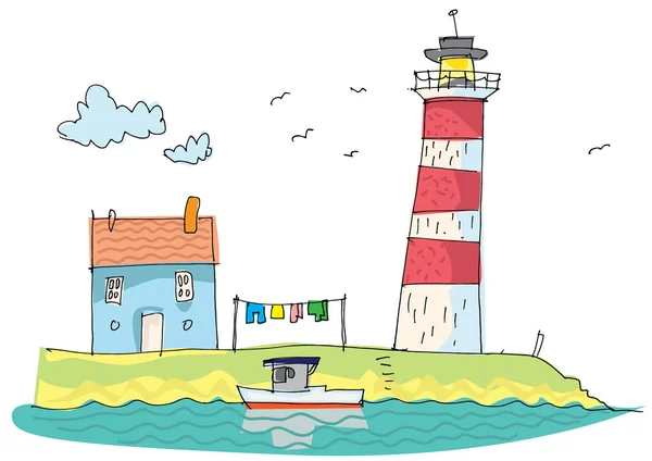 Jolie maison de bord de mer près du phare — Image vectorielle