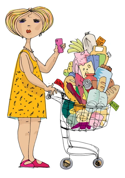 Chica con smartphone empujando carrito de supermercado — Vector de stock