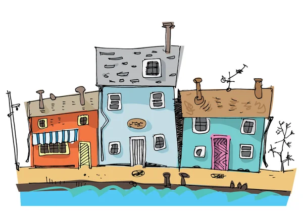 Casas à beira-mar bonito - desenhos animados — Vetor de Stock