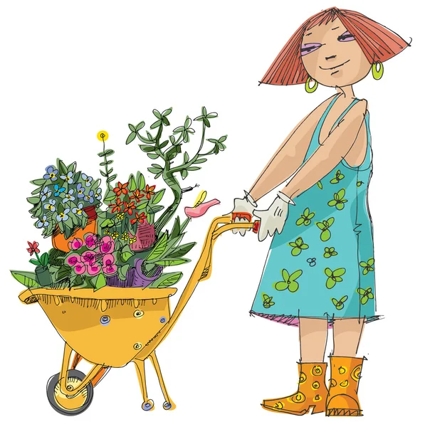 Dziewczyna z taczki pełne roślin — Wektor stockowy