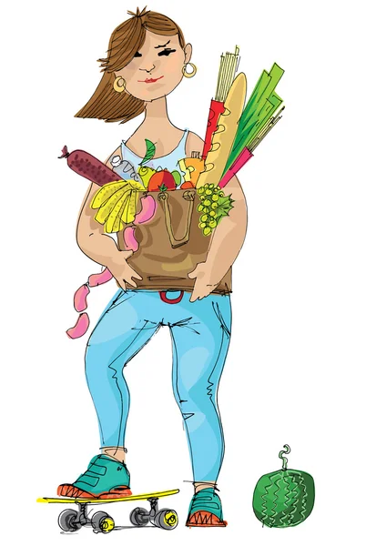 Flicka med en väska full med mat — Stock vektor