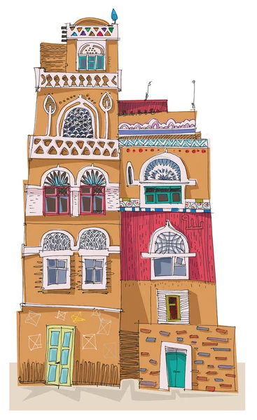 Arquitectura tradicional en Saná, Yemen — Vector de stock