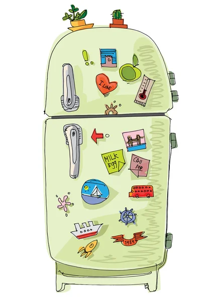 Vintage fridge with magnets and sticker - cartoon — Stock Vector