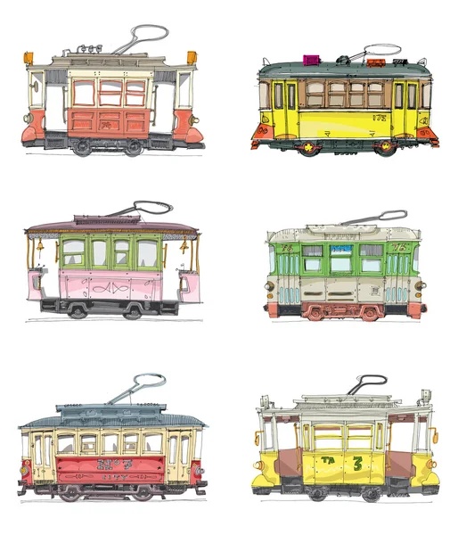 Set of vintage trams - cartoon — Stock Vector
