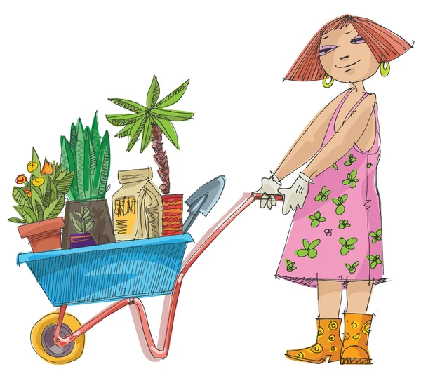 Girl with wheelbarrow full of plants — Stock Vector
