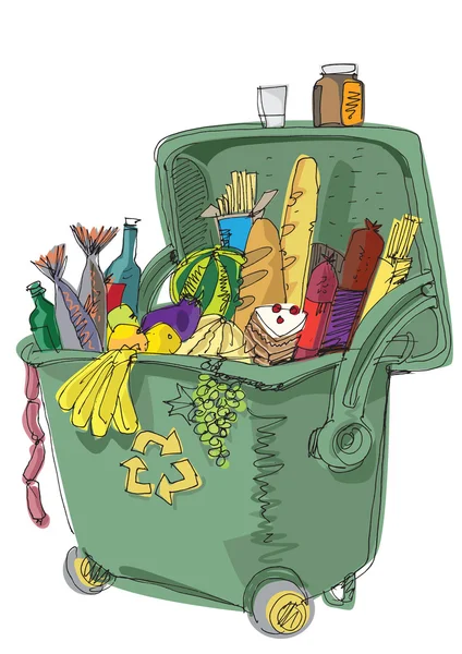 Müllcontainer voller Lebensmittel - Konzept — Stockvektor