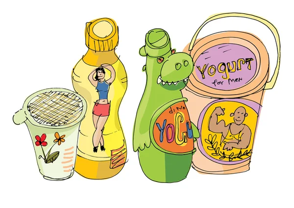 Yogurts in a variety package - cartoon — Stock Vector