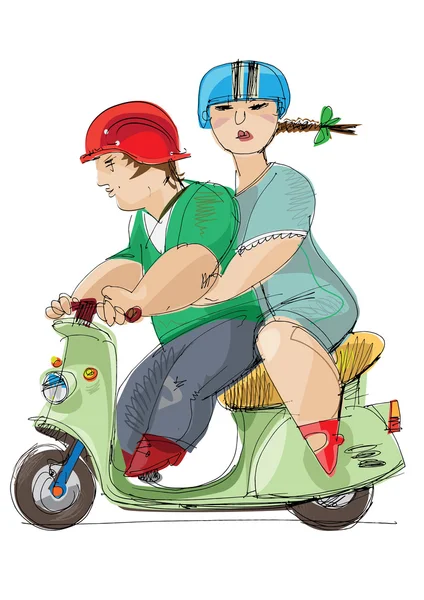 Couple on scooter - cartoon — Stock Vector