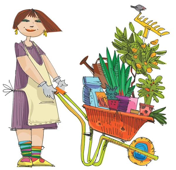 Gadis dengan gerobak yang penuh tanaman - Stok Vektor