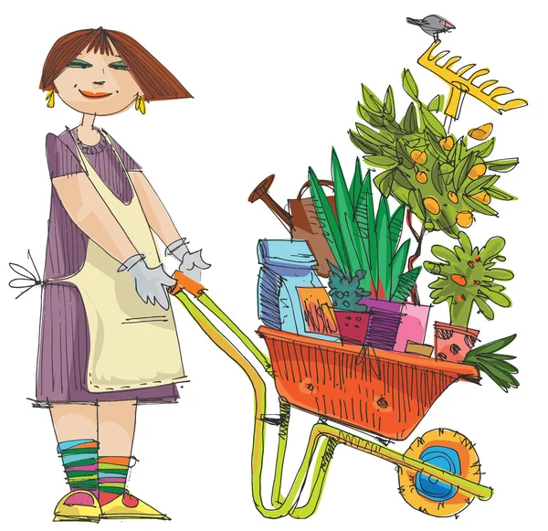 Fille avec brouette pleine de plantes — Image vectorielle