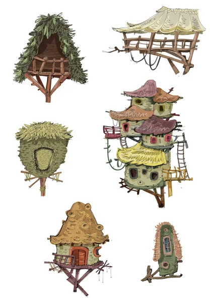 Casas de madera lindo árbol — Vector de stock