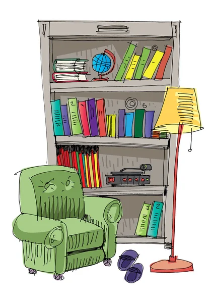 Bookcase - interior - cartoon — Stock Vector