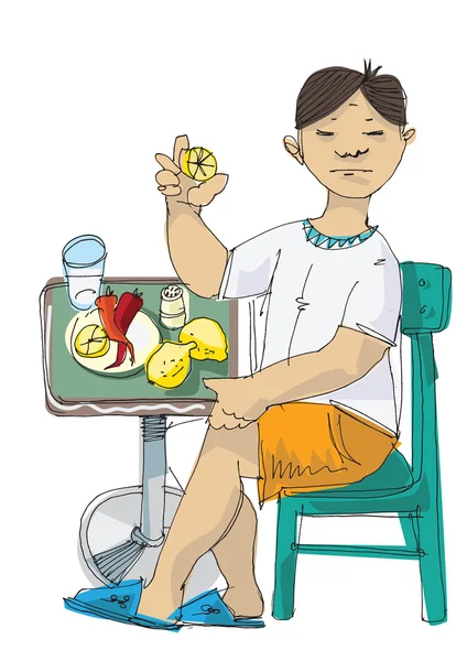 Adolescente cinese utilizza una dieta insolita per la pulizia - cartone animato — Vettoriale Stock