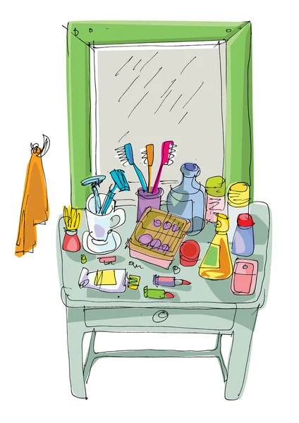 Espelho e penteadeira com cosméticos —  Vetores de Stock