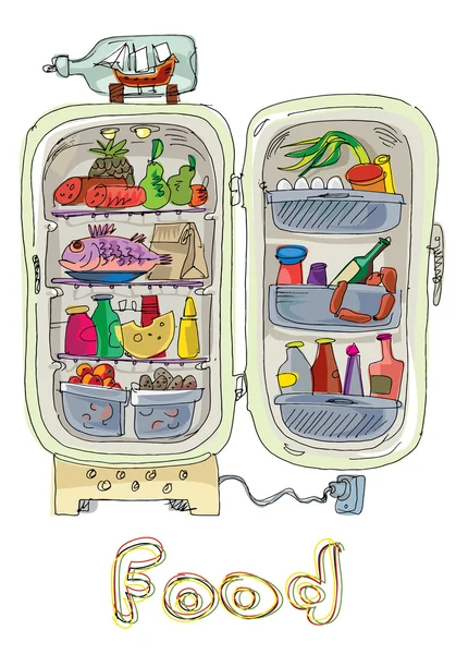Vintage hűtőszekrény teljes élelmiszer — Stock Vector