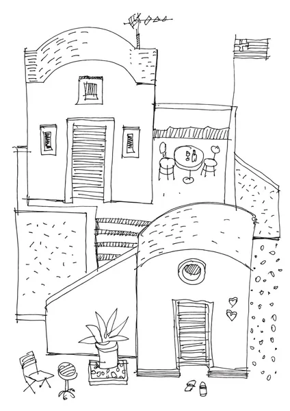 Santorin, Grèce, façade - dessin animé — Image vectorielle