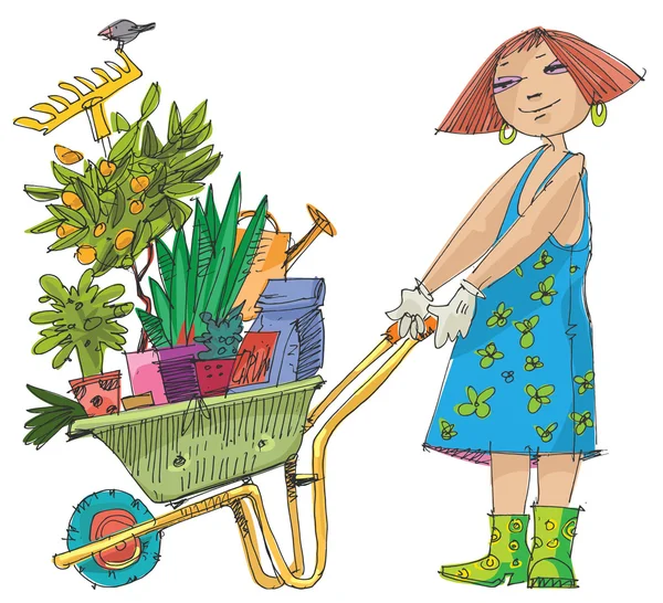 Meisje met kruiwagen vol met planten — Stockvector