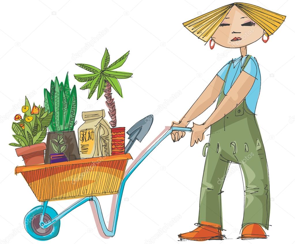 girl with wheelbarrow full of plants