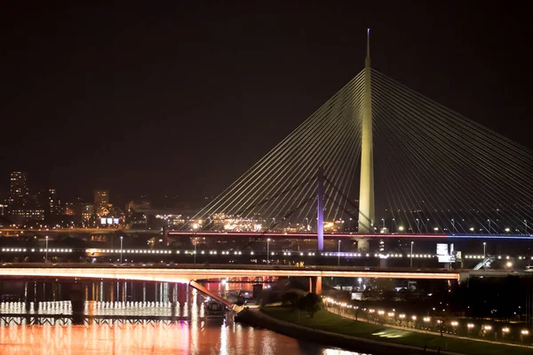 Новий Званий Міст Через Аду Белграді Столиці Сербії Чудовий Нічний — стокове фото