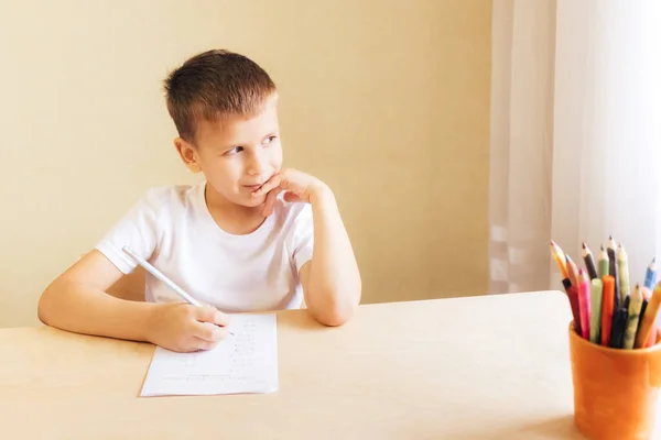 かわいい男の子が家で学ぶ. — ストック写真