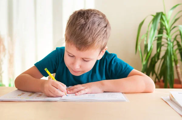 Netter kleiner Junge lernt zu Hause — Stockfoto