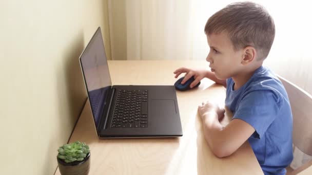 Cute schoolboy doing homework with computer at home. — Stock Video