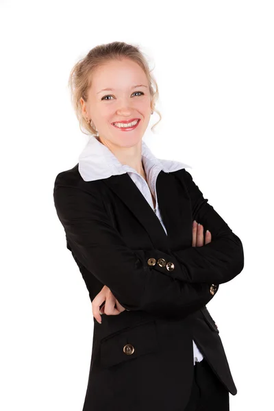 Laughing woman in black suit standing  with crosswised arms — Stock Photo, Image