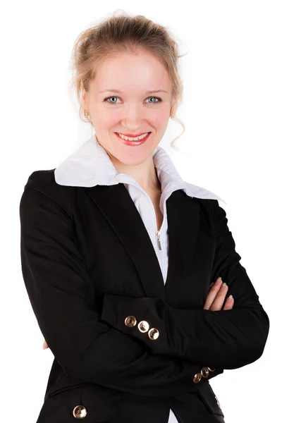 Close up of beautiful woman in black suit with crosswised arms — Stock Photo, Image