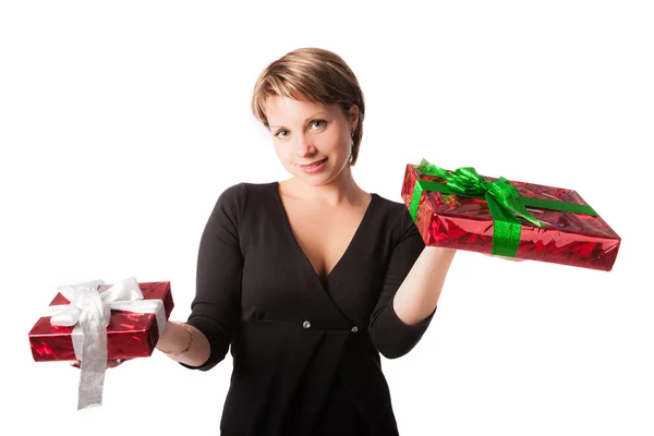 Pretty woman holding two gift boxes in hands — Stock Photo, Image