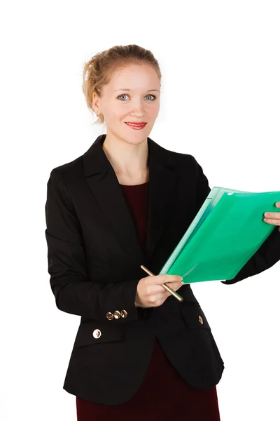 Beautiful blonde woman holding folder with documents — Stock Photo, Image