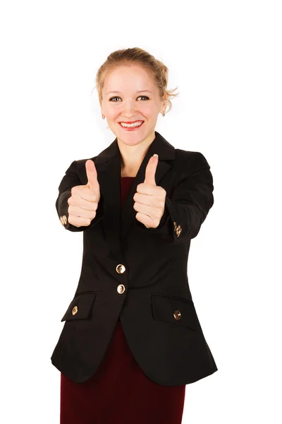 Cute blonde woman in black suit showing her thumbs up — Stock Photo, Image