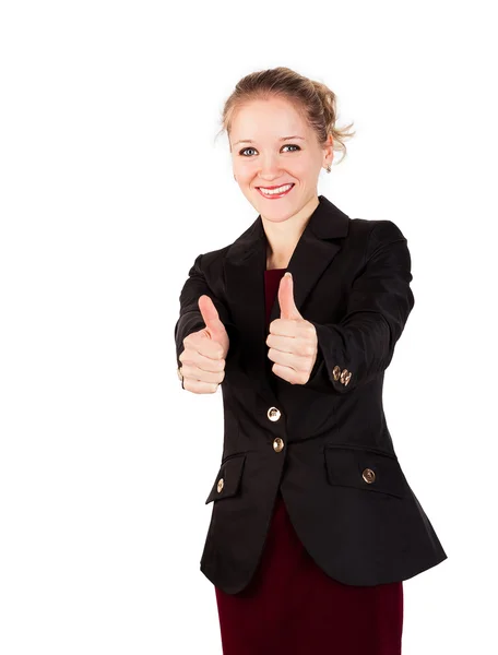 Cute blonde woman showing her thumbs up standing — Stock Photo, Image