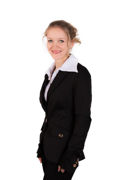 Usmívající se žena v černém obleku — Stock fotografie
