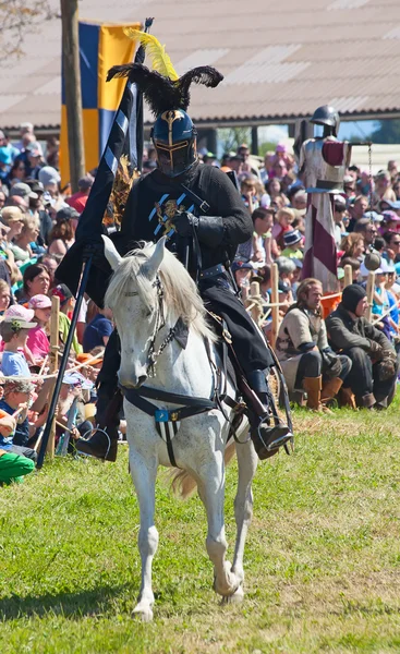 Homme en armure de chevalier sur le cheval — Photo