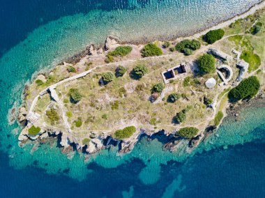 Sitonia, Chalkidiki bölgesindeki güzel plajın hava fotoğrafı, Yunanistan