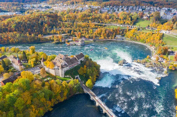 Rheinfall - the biggest waterfall in Europe. Aerial view over autumn landscape.