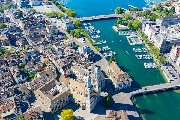 Limmat Nehri Nin Ünlü Zürih Kiliselerinin Havadan Görünüşü Zürih Sviçre — Stok fotoğraf